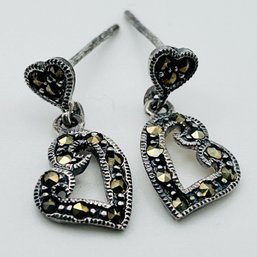 Sterling Silver MARCASITE Heart Earrings Pushbacks 1.96 G