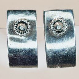 Mexico, Sterling Silver Clip On Rectangular Earrings Circle And Bead Detail 12.93 G