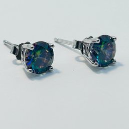 P Sterling Silver Stud Earrings With Iridescent Stone, 1.62 G