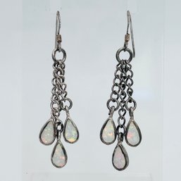 Sterling Silver Mother Of Pearl Triple Chain Dangle Earrings 4.98 G