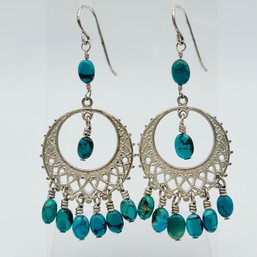 Sterling Silver Turquoise Dingle Earrings Filigree Detail 6.22 G