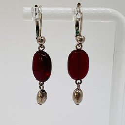 Sterling Silver Lever Back Dangle Earrings With Red Stone, 3.25 G