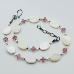 Mother Of Pearl And Pearl, Pink Bead Necklace, Unique Sterling Clasp 24.4 G