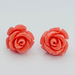 Sterling Silver Lovely CORAL Rose Pushback Earrings 2.36 G