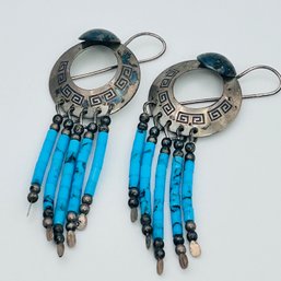 TK Sterling, Silver Turquoise Native Design Dangle Earrings 5.45 G