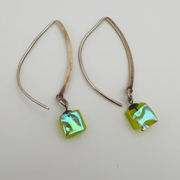 Sterling Silver Fancy Ear Wire Dangle Earrings With Green Stone, 2.92 G