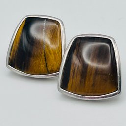 China, Sterling, Silver Tiger Eye Pushback Earrings 5.24 G