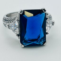 Sterling Silver Blue Stone And Rhinestone Statement Ring Size 7, 5.6 G