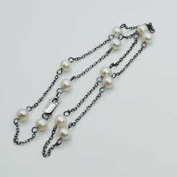 Sterling Silver, Vintage Pearl And Cable Chain Necklace 6.2