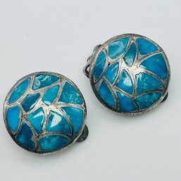 Sterling Silver Turquoise Inlaid And Silver Clip On Earrings Round 7.68 G