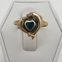 Sterling Silver Dolphin Ring With Heart And Blue Stone Gold Color Size 5.5, 1.59 G