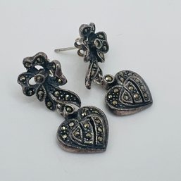 MARCASITE, Sterling Silver Bow And Heart Dangle Earrings 7.00 G