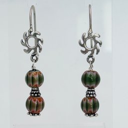 Sterling Silver, Sun And Hand Painted Bead Dangle Earrings 5.55 G