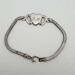 Sterling Silver Snake Link Chain Bracelet With Heart, Engraved EM 5.97 G