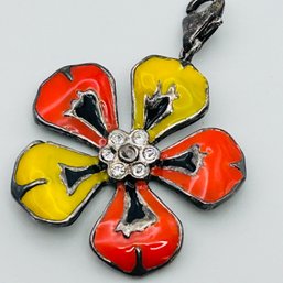 Sterling Silver Daisy Pendant, Painted Orange And Yellow 7.77 G Unknown Signature