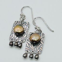 Sterling Silver Abalone Hook Back Leaf Detailed  Earrings 4.75 G