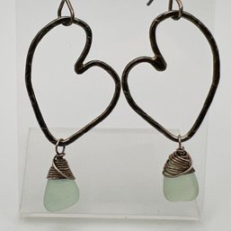 Sterling Silver Heart-shaped Dangle Earrings With Light Green Stone, 4.50 G