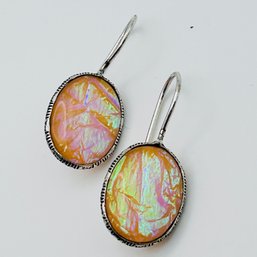 Sterling Silver Orange Sparkle, Stone Oval Hook, Back Earrings, 4.04 G