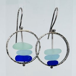 Sterling, Silver Blue And Green Stone Circle Hook Back Earring 7.9 G Hammer Detail