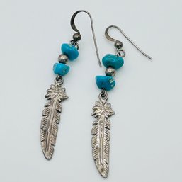 Sterling Silver, Turquoise And Feather Dangle Earrings 4.03 G