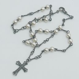 SU Sterling, Silver Rosary, Faux Pearl Necklace Cross Pendant 4.52 G