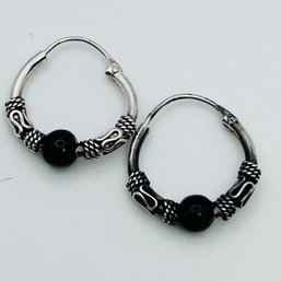 Sterling Silver Huggie  Hoops, Bead Detail 1.37 G