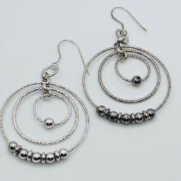 Italy, Sterling, Silver, Triple Hoops, And Sterling Bead Hook Back Earrings 7.27 G