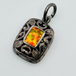 Sterling Silver Square Pendant Orange Sparkle Center, 1.93 G Unknown Mark