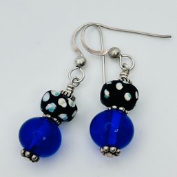 Sterling, Silver Blue And Blackstone Dangle Earrings Hand Painted 5.72 G