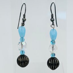 Sterling Silver, Beautiful Blue Bead Dangle  Earrings 4.32 G