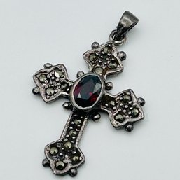 MARCASITE And Red Rhinestone Cross Pendant 3.03 G