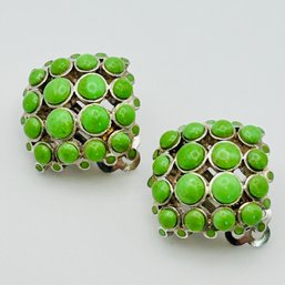 PB Sterling, Silver Cluster Green Stone Clip On Earrings 8.8 G