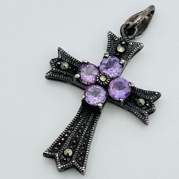 AMETHYST And MARCASITE Vintage Sterling Silver Cross Pendant 3.44 G