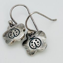 Sterling Silver Flower, Dangle Earrings, Ladybug Detail, Signed FF, 2.53 G