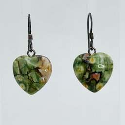 Sterling Silver Green Stone Heart Dangle Earrings 3.13 G