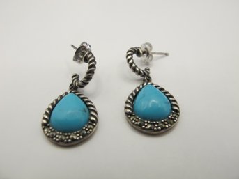 PAJ China Sterling Drop Earrings With Turquoise And Marcasite 4.62g