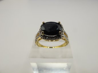Gold Toned Sterling Band With Black Rhinestone Solitaire 3.45g  Size 7