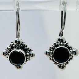 Sterling Silver Hook Back Earrings, Dangle With Black Stone And Silver Bead Detail 3.01 G