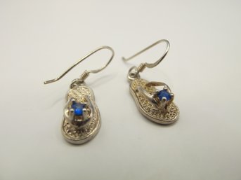 Sterling Flip Flop Hook Earrings With Blue Rhinestone 2.73g