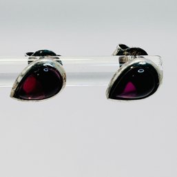 Sterling Silver Stud Earrings With Reddish Purple Teardrop Stone, 2.06 G