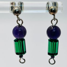 Sterling, Silver Stud Back Dangle Earrings With Purple And Green Beads 2.03 G