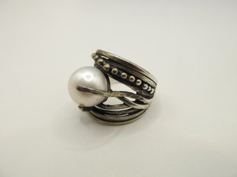 ISRAEL Large Sterling Ring With Pearl 8.38g  Size 7