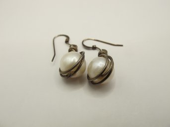 Sterling Wire And Pearl Earrings 4.24g