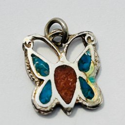 Sterling Silver Butterfly Pendant With Crushed Coral And Turquoise Stones 1.62 G