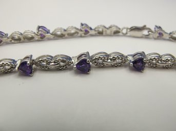 Sterling Bracelet With Clear And Purple Rhinestones 7.72g