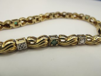 Gold Tone Sterling Bracelet With Clear And Green Rhinestones 15.67g