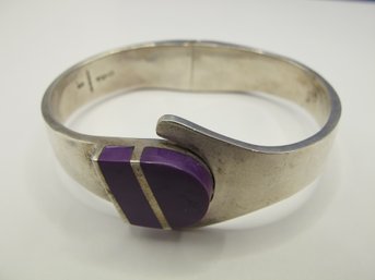 MEXICO Heavy Bangle Bracelet With Purple Inlay 58.66g