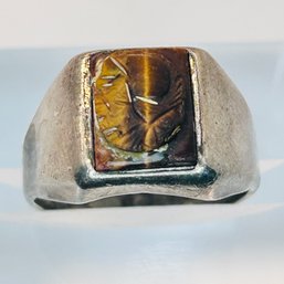 Sterling Silver, Signet Ring Tigers Eye  Engraved 2460 Size 7, 5.31 G