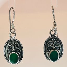 Sterling Silver Hook Back Earrings With Aventurine Stone, 3.23 G