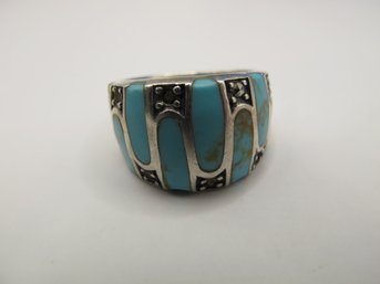 Wide Sterling Band With Turquoise Design 7.79g  Size 8.5